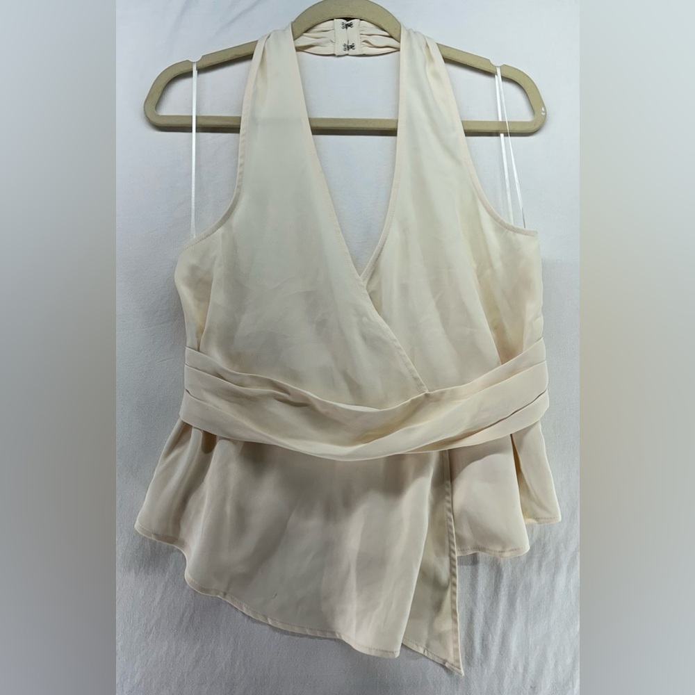 Open Edit Faux Wrap Halter Blouse Ivory Cream Draped Peplum Top Satin Women’s M